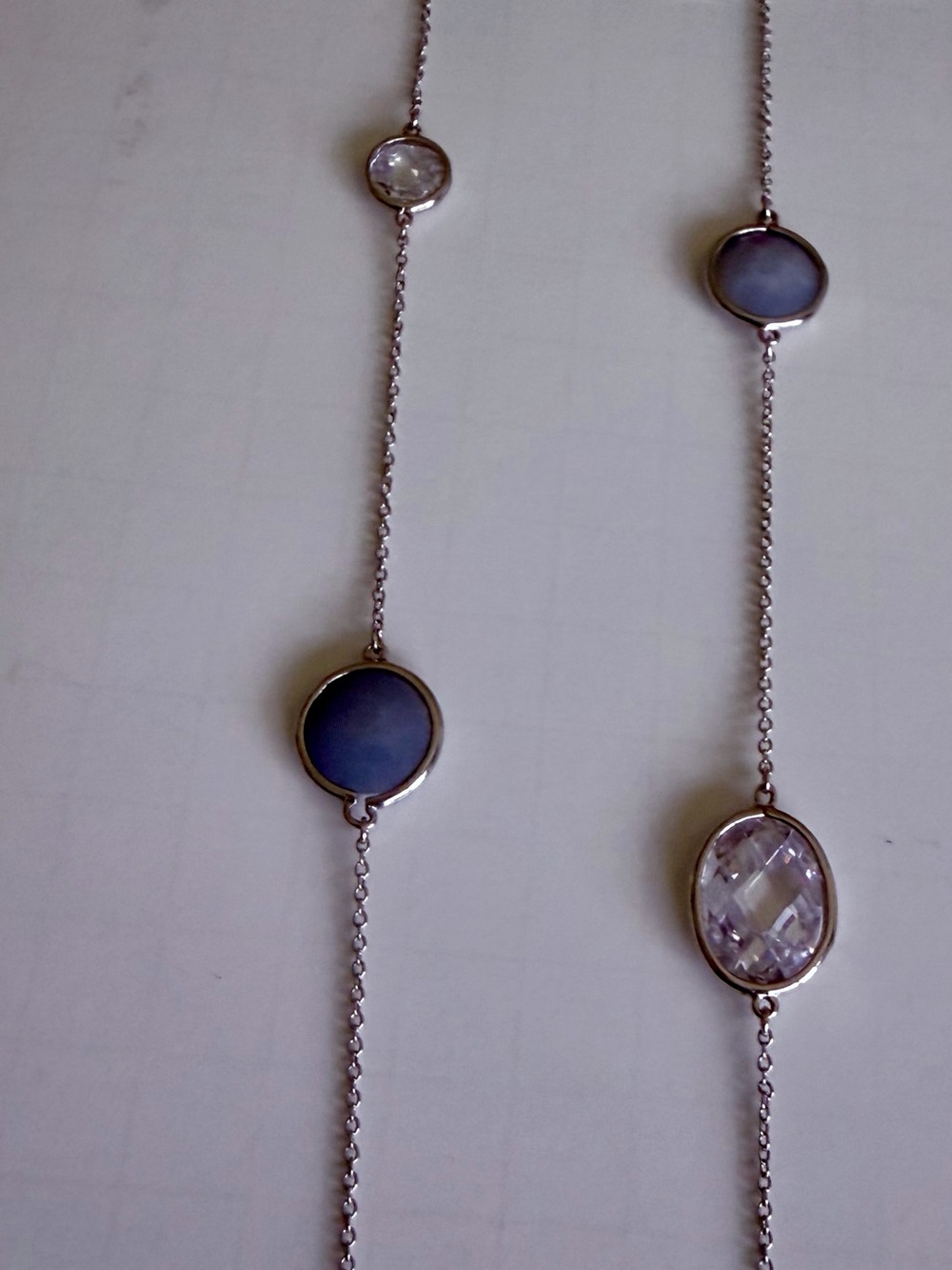 Lot of 2 Long Beaded Necklaces - Blue and Clear and Cream Stones Silvertone 34” - Picture 3 of 4
